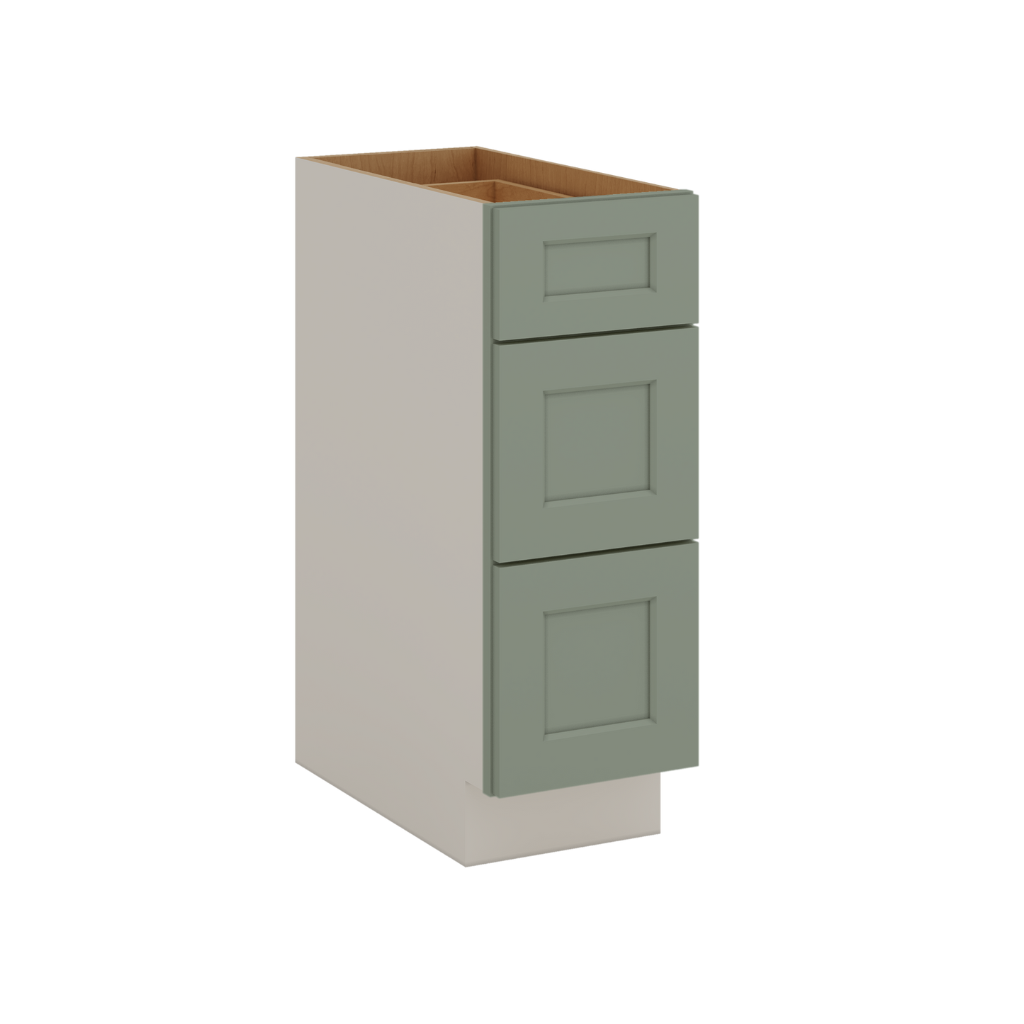 12", 15", 18", 21", 24", 30", 33" & 36" Wide 14SG Sage Green Shaker 1-1/4" Overlay 3 Drawer Base Cabinet