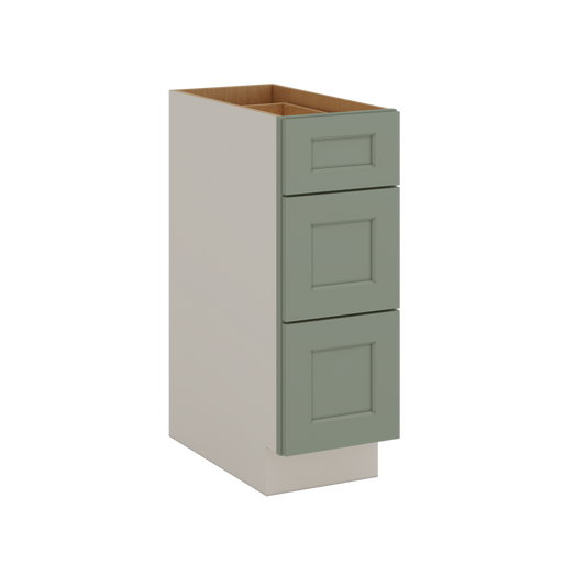 12", 15", 18", 21", 24", 30", 33" & 36" Wide 14SG Sage Green Shaker 1-1/4" Overlay 3 Drawer Base Cabinet