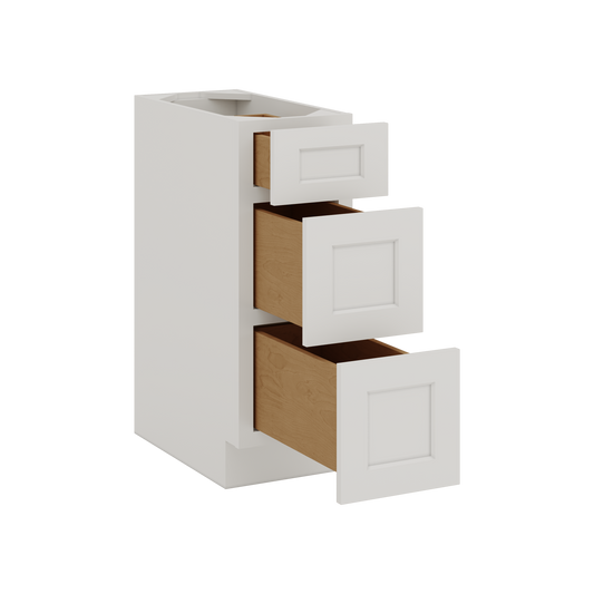 White Double Shaker 1-1/4" Overlay 3 Drawer Base Cabinet 12", 15", 18", 21", 24", 30", 33" & 36" Wide