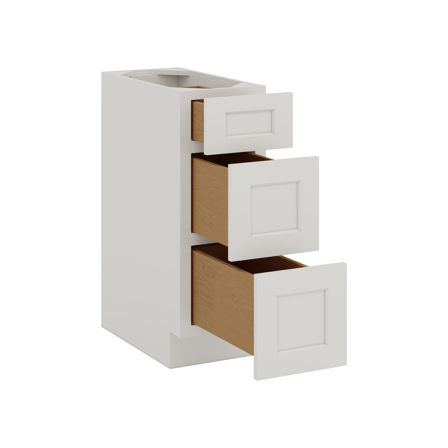 White Double Shaker 1-1/4" Overlay 3 Drawer Base Cabinet 12", 15", 18", 21", 24", 30", 33" & 36" Wide