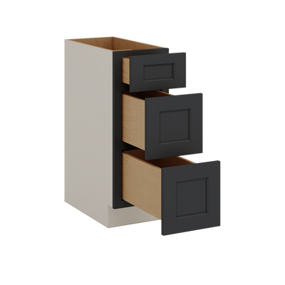 Three Drawer Base Cabinet 12", 15", 18", 21", 24", 30", 33" & 36" Wide 15HNS Hermosa Noir Black Shaker 1-1/4" Overlay