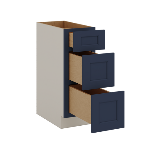 Three Drawer Base Cabinet 12", 15", 18", 21", 24", 30", 33" & 36" Wide NB29 Naval Blue Shaker 1-1/4" Overlay
