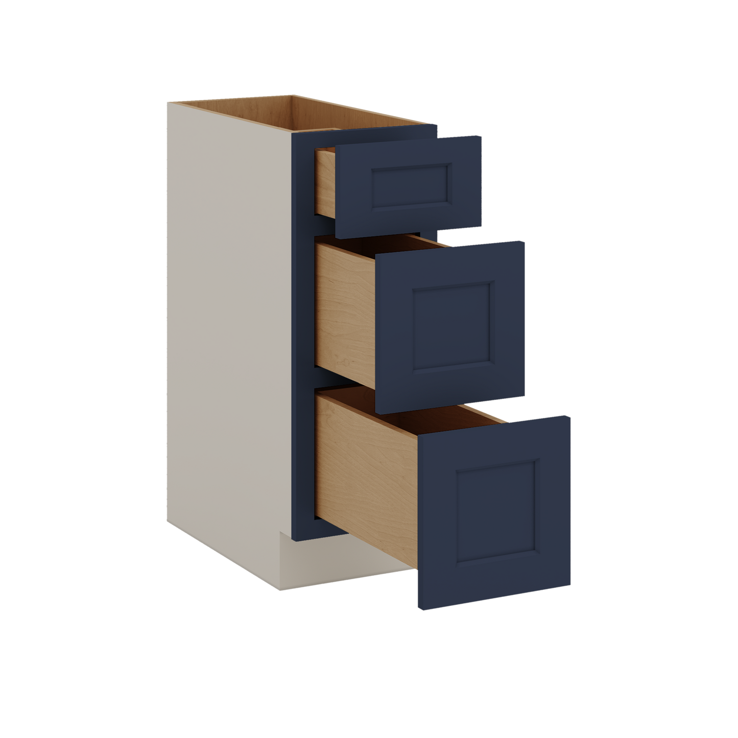 Three Drawer Base Cabinet 12", 15", 18", 21", 24", 30", 33" & 36" Wide NB29 Naval Blue Shaker 1-1/4" Overlay