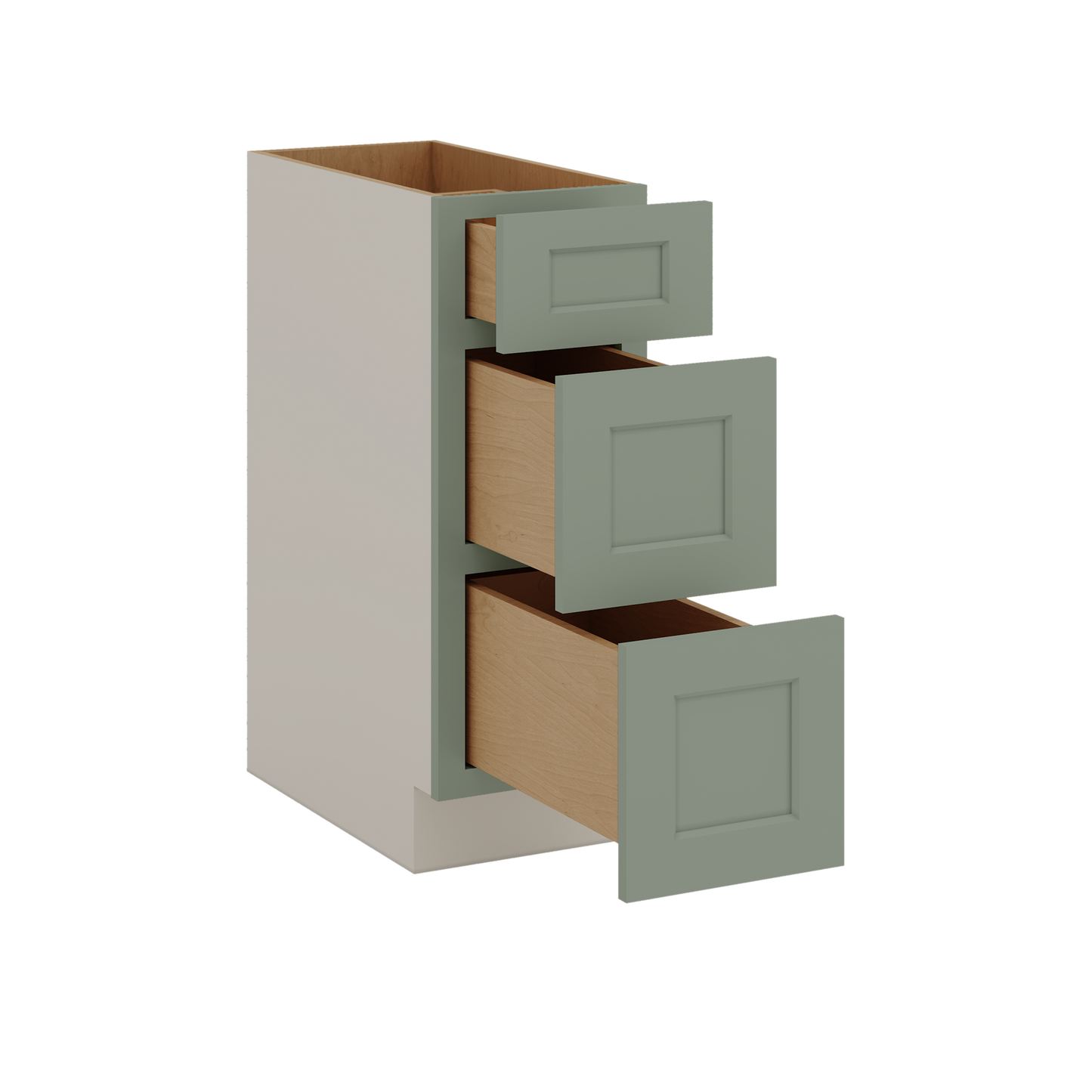 12", 15", 18", 21", 24", 30", 33" & 36" Wide 14SG Sage Green Shaker 1-1/4" Overlay 3 Drawer Base Cabinet