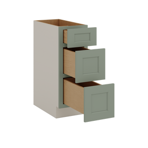 12", 15", 18", 21", 24", 30", 33" & 36" Wide 14SG Sage Green Shaker 1-1/4" Overlay 3 Drawer Base Cabinet