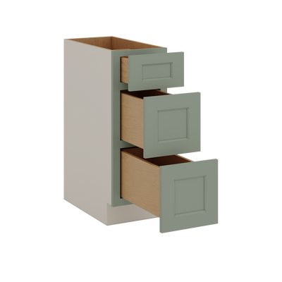 Three Drawer Base Cabinet 12", 15", 18", 21", 24", 30", 33" & 36" Wide Green Shaker 1-1/4" Overlay