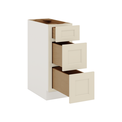 Three Drawer Base Cabinet 12", 15", 18", 21", 24", 30", 33" & 36" Wide Manhattan Cream Shaker 1-1/4" Overlay