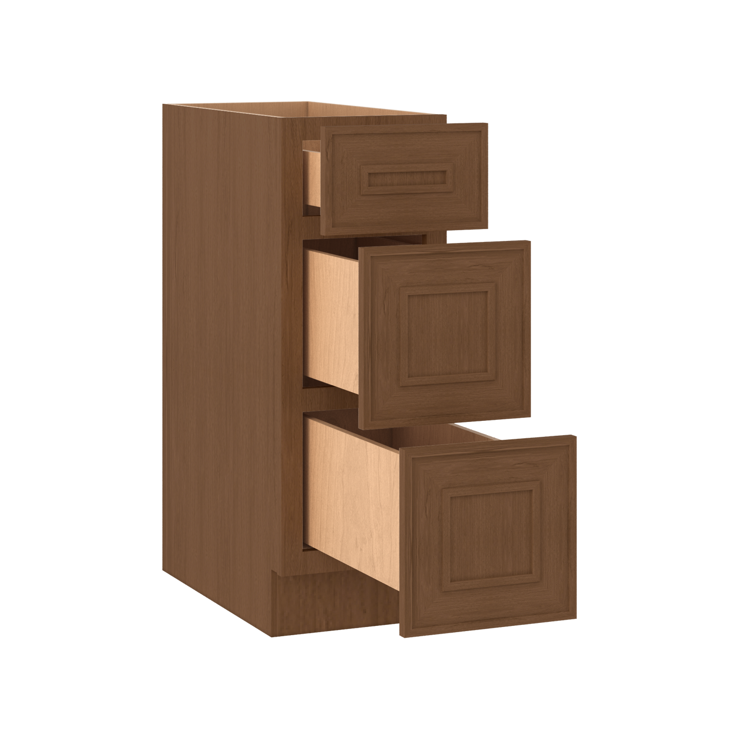 3 Drawer Base 12", 15", 18", 21", 24", 30" & 36" Wide Mocha Elegant Oak Craftsman Shaker 1-1/4" Overlay Base Cabinet
