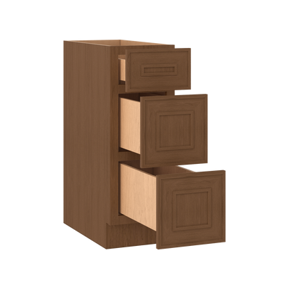 3 Drawer Base 12", 15", 18", 21", 24", 30" & 36" Wide Mocha Elegant Oak Craftsman Shaker 1-1/4" Overlay Base Cabinet
