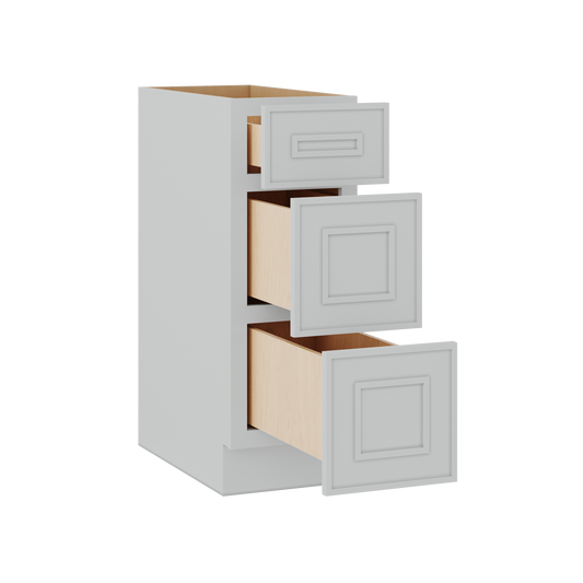 3 Drawer Base 12", 15", 18", 21", 24" & 30" Wide White Elegant Oak Craftsman Shaker 1-1/4" Overlay Base Cabinet
