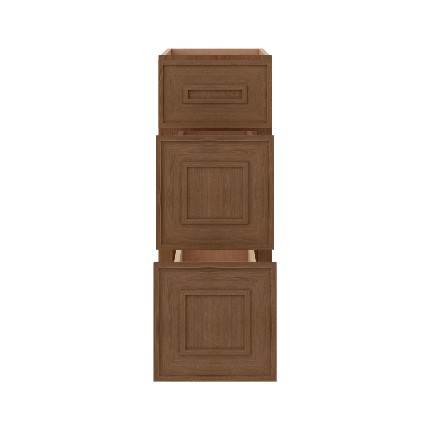 3 Drawer Base 12", 15", 18", 21", 24", 30" & 36" Wide Mocha Elegant Oak Craftsman Shaker 1-1/4" Overlay Base Cabinet