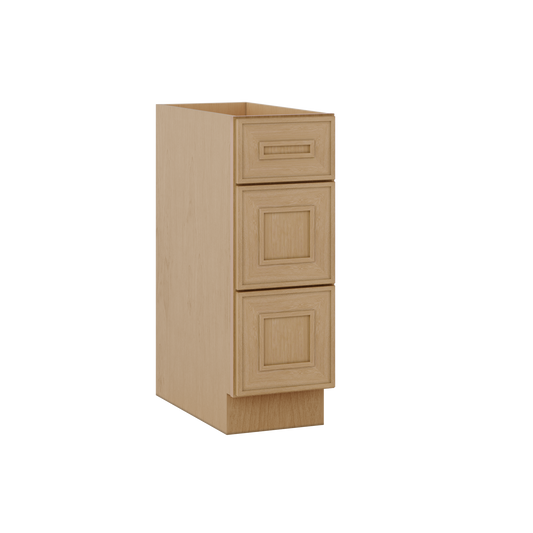 3 Drawer Base 12", 15", 18", 21", 24" & 30" Wide Elegant Oak Craftsman Shaker 1-1/4" Overlay Base Cabinet