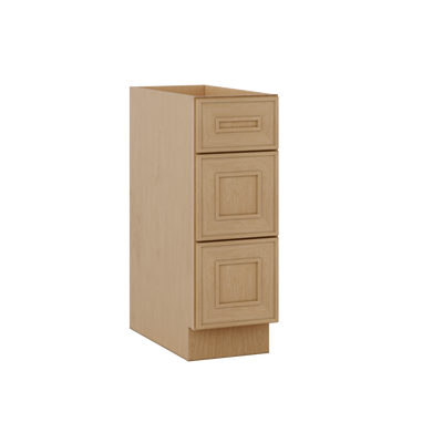 3 Drawer Base 12", 15", 18", 21", 24" & 30" Wide Elegant Oak Craftsman Shaker 1-1/4" Overlay Base Cabinet