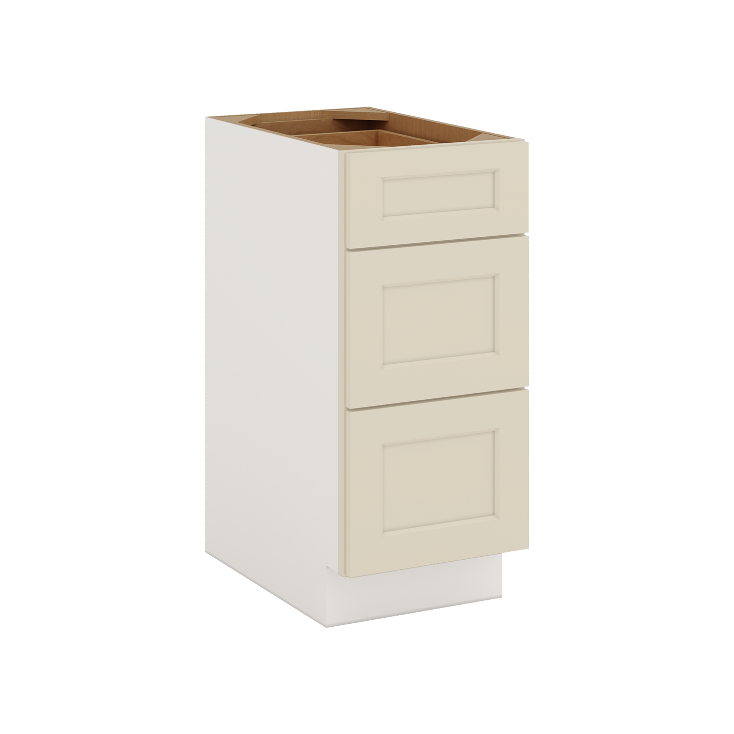 Three Drawer Base Cabinet 12", 15", 18", 21", 24", 27", 30", 33" & 36" Wide Manhattan Cream Shaker 1-1/4" Overlay