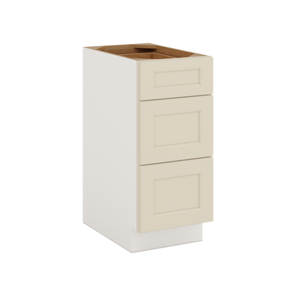 Three Drawer Base Cabinet 12", 15", 18", 21", 24", 27", 30", 33" & 36" Wide Manhattan Cream Shaker 1-1/4" Overlay