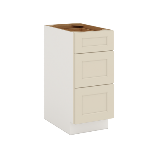 Three Drawer Base Cabinet 12", 15", 18", 21", 24", 27", 30", 33" & 36" Wide Manhattan Cream Shaker 1-1/4" Overlay