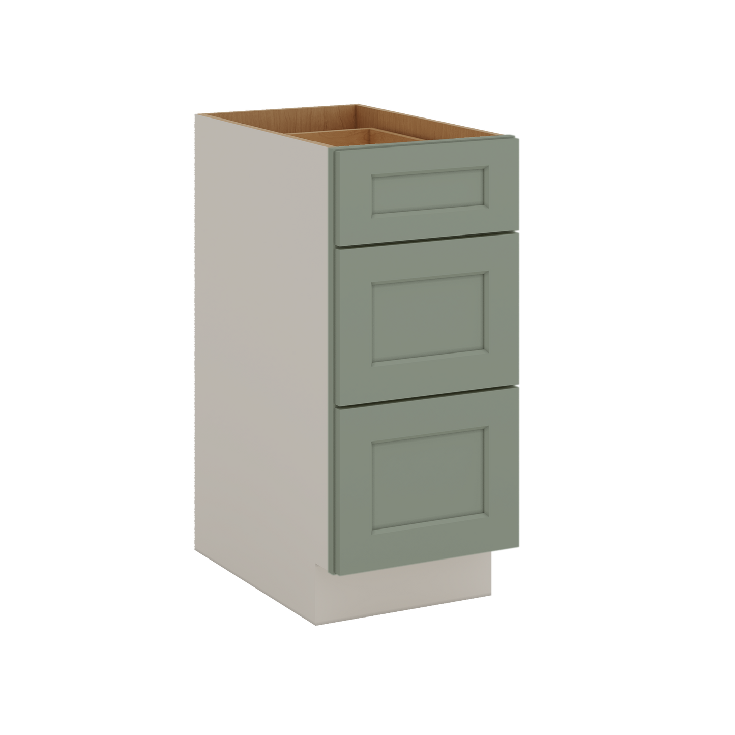 12", 15", 18", 21", 24", 30", 33" & 36" Wide 14SG Sage Green Shaker 1-1/4" Overlay 3 Drawer Base Cabinet
