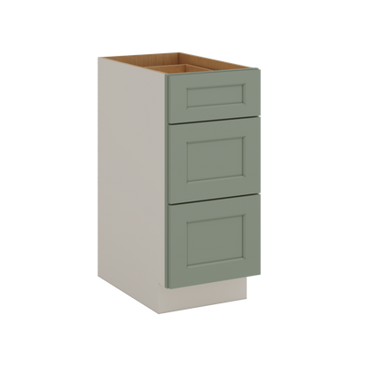 12", 15", 18", 21", 24", 30", 33" & 36" Wide 14SG Sage Green Shaker 1-1/4" Overlay 3 Drawer Base Cabinet