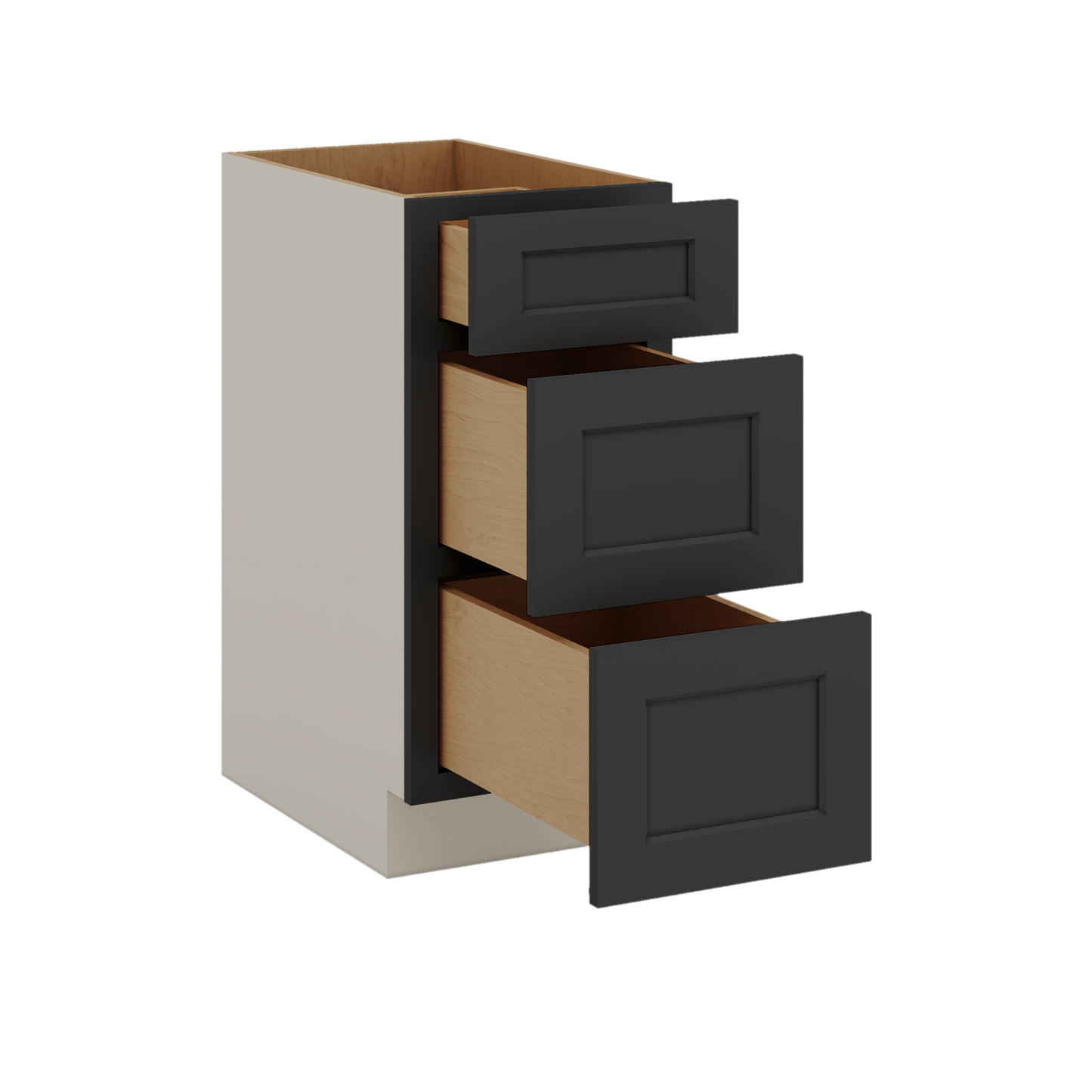 Three Drawer Base Cabinet 12", 15", 18", 21", 24", 30", 33" & 36" Wide 15HNS Hermosa Noir Black Shaker 1-1/4" Overlay