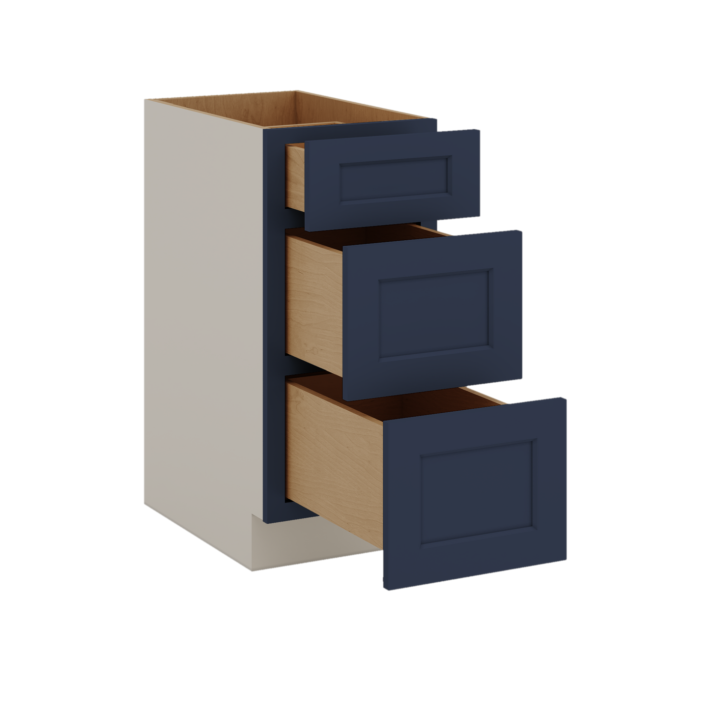 Three Drawer Base Cabinet 12", 15", 18", 21", 24", 30", 33" & 36" Wide NB29 Naval Blue Shaker 1-1/4" Overlay
