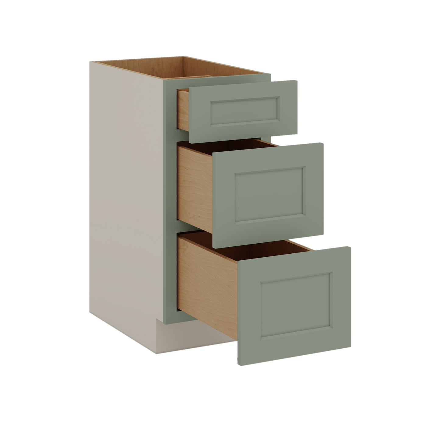 12", 15", 18", 21", 24", 30", 33" & 36" Wide 14SG Sage Green Shaker 1-1/4" Overlay 3 Drawer Base Cabinet