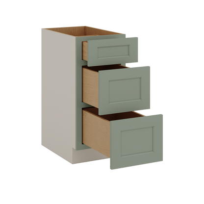 12", 15", 18", 21", 24", 30", 33" & 36" Wide 14SG Sage Green Shaker 1-1/4" Overlay 3 Drawer Base Cabinet