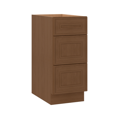 3 Drawer Base 12", 15", 18", 21", 24", 30" & 36" Wide Mocha Elegant Oak Craftsman Shaker 1-1/4" Overlay Base Cabinet