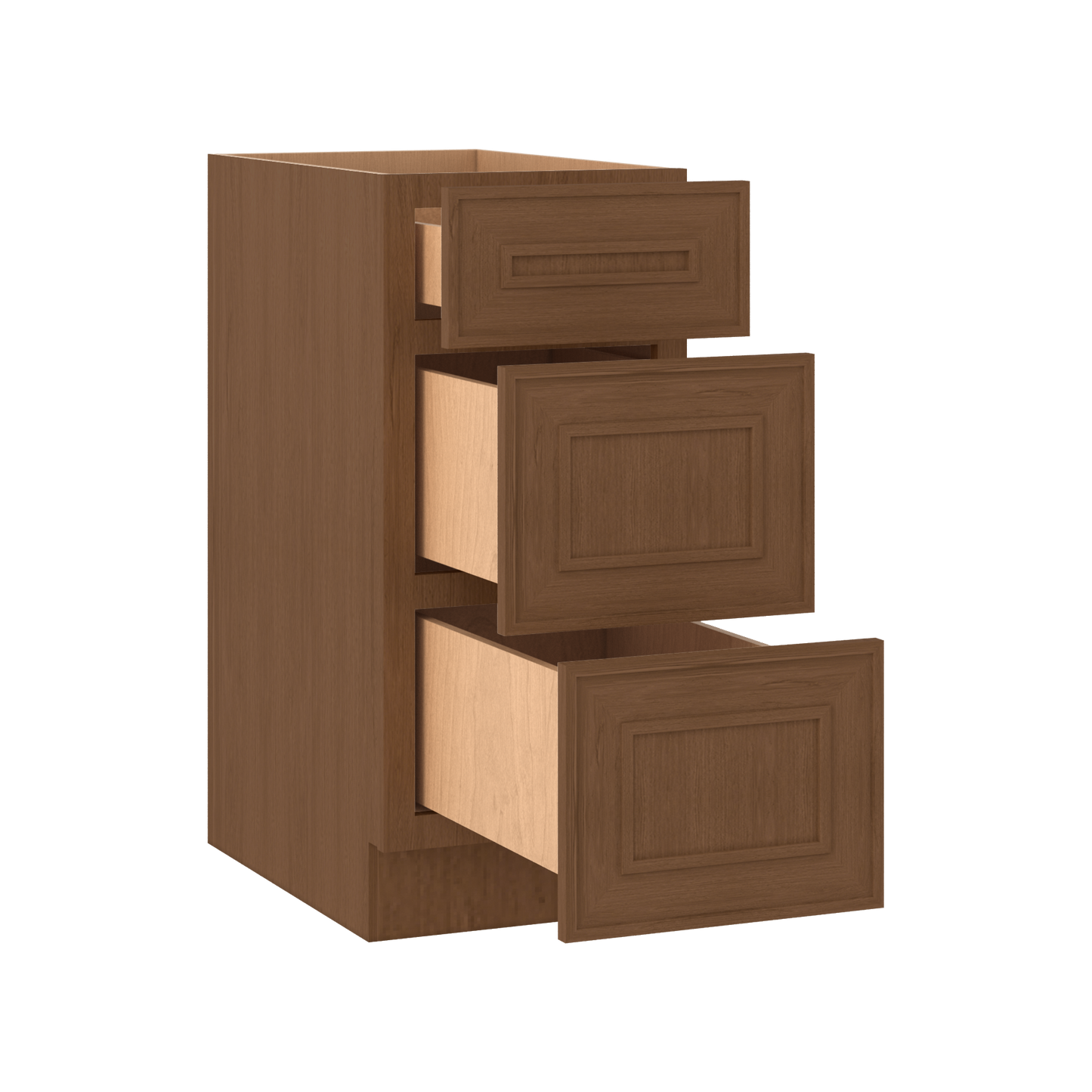 3 Drawer Base 12", 15", 18", 21", 24", 30" & 36" Wide Mocha Elegant Oak Craftsman Shaker 1-1/4" Overlay Base Cabinet