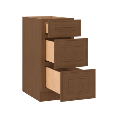 3 Drawer Base 12", 15", 18", 21", 24", 30" & 36" Wide Mocha Elegant Oak Craftsman Shaker 1-1/4" Overlay Base Cabinet