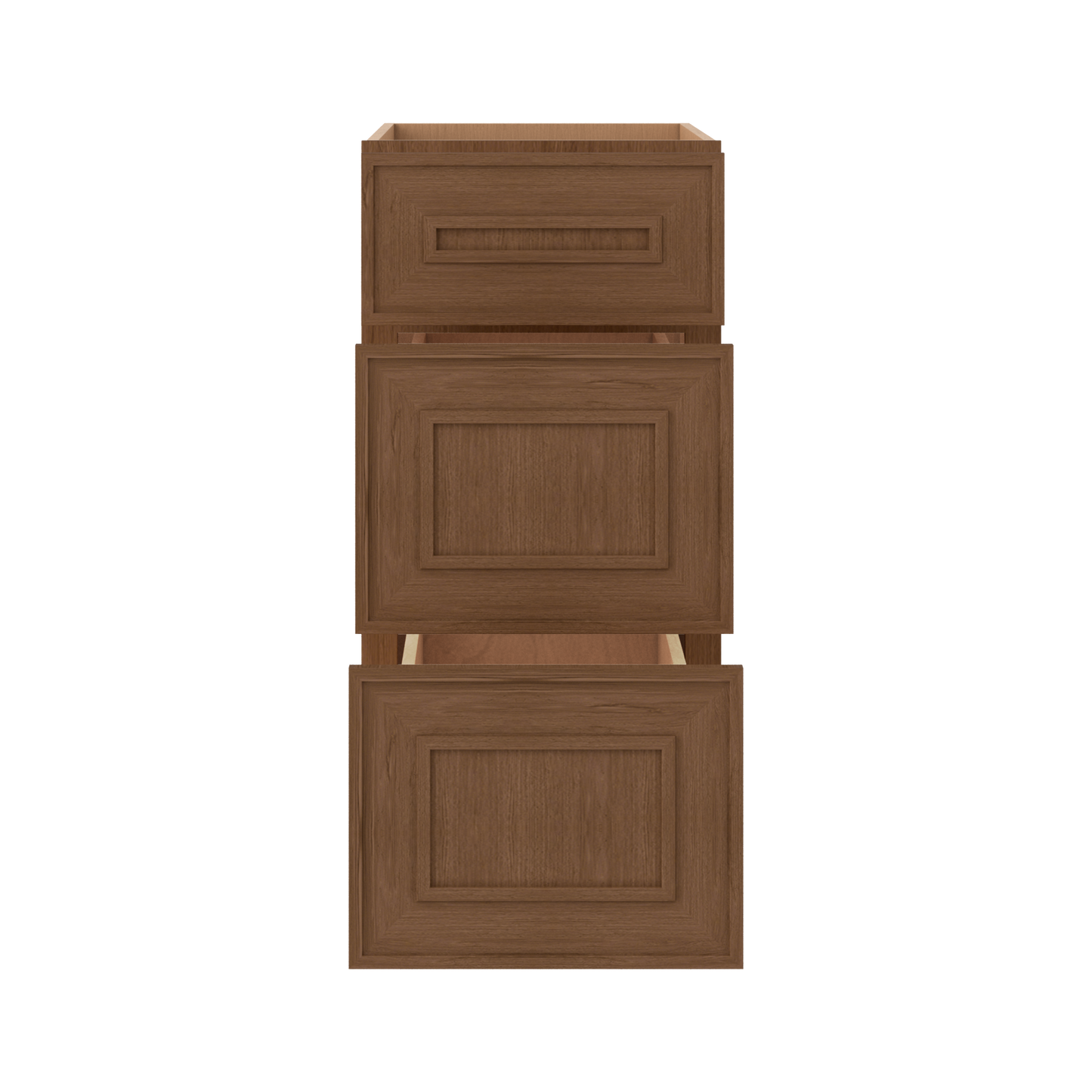 3 Drawer Base 12", 15", 18", 21", 24", 30" & 36" Wide Mocha Elegant Oak Craftsman Shaker 1-1/4" Overlay Base Cabinet