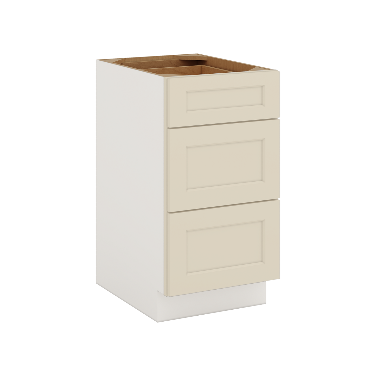 Three Drawer Base Cabinet 12", 15", 18", 21", 24", 27", 30", 33" & 36" Wide Manhattan Cream Shaker 1-1/4" Overlay