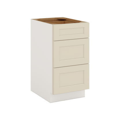 Three Drawer Base Cabinet 12", 15", 18", 21", 24", 27", 30", 33" & 36" Wide Manhattan Cream Shaker 1-1/4" Overlay
