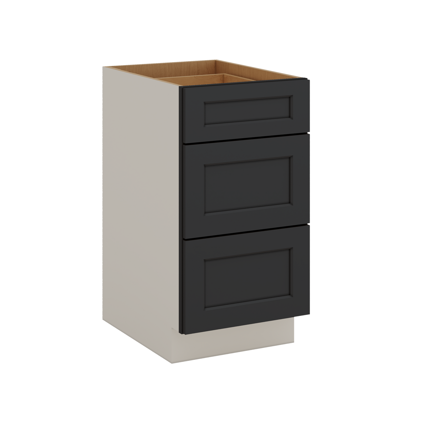 Three Drawer Base Cabinet 12", 15", 18", 21", 24", 30", 33" & 36" Wide 15HNS Hermosa Noir Black Shaker 1-1/4" Overlay