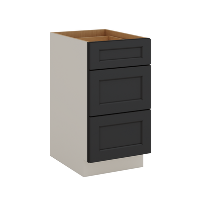 Three Drawer Base Cabinet 12", 15", 18", 21", 24", 30", 33" & 36" Wide 15HNS Hermosa Noir Black Shaker 1-1/4" Overlay