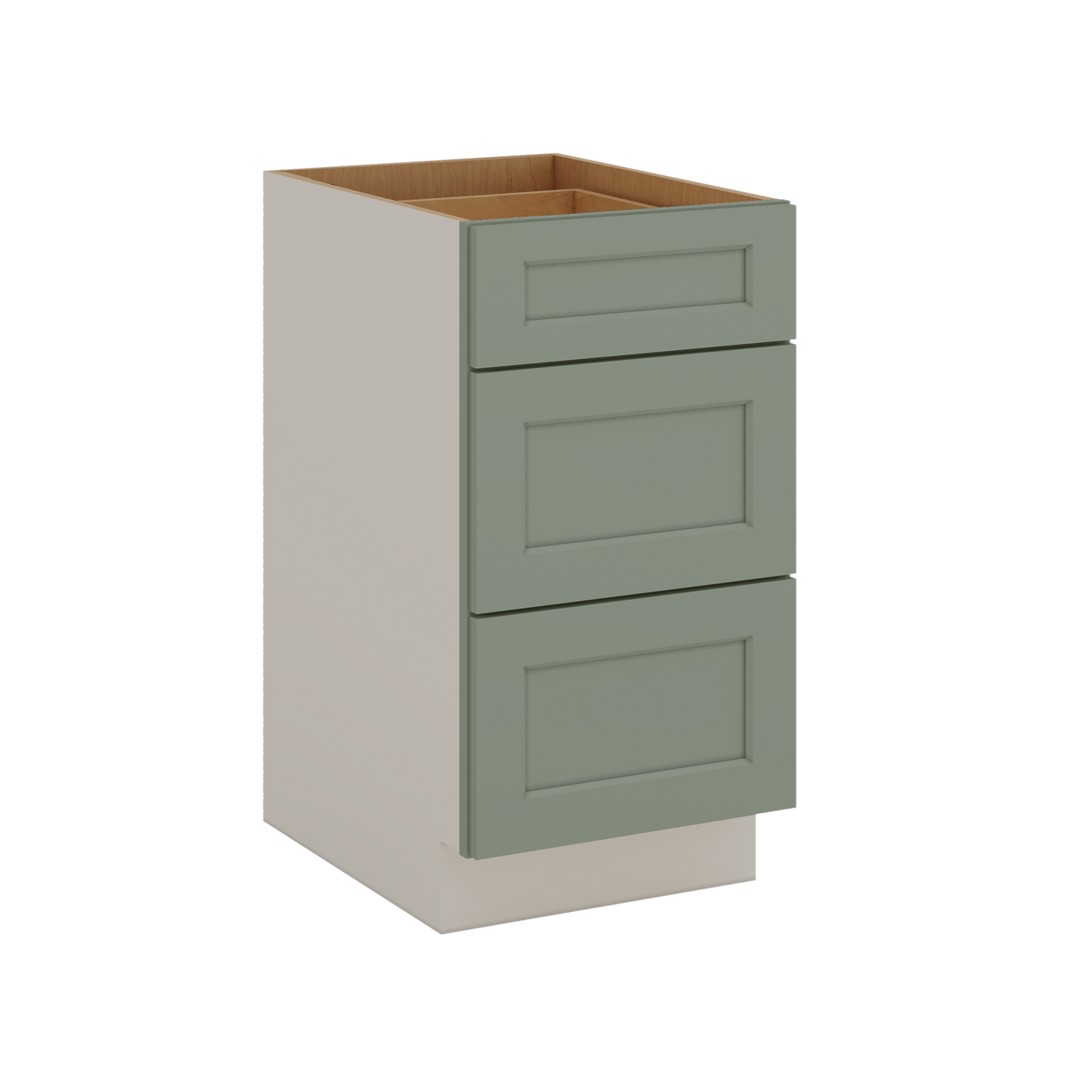 12", 15", 18", 21", 24", 30", 33" & 36" Wide 14SG Sage Green Shaker 1-1/4" Overlay 3 Drawer Base Cabinet