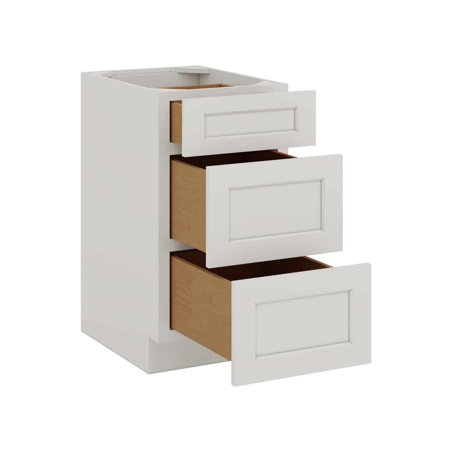 White Double Shaker 1-1/4" Overlay 3 Drawer Base Cabinet 12", 15", 18", 21", 24", 30", 33" & 36" Wide