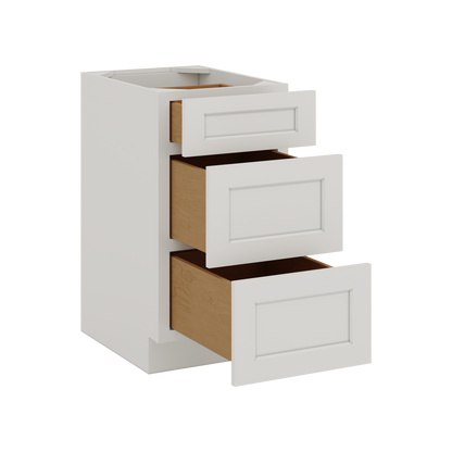 White Double Shaker 1-1/4" Overlay 3 Drawer Base Cabinet 12", 15", 18", 21", 24", 30", 33" & 36" Wide