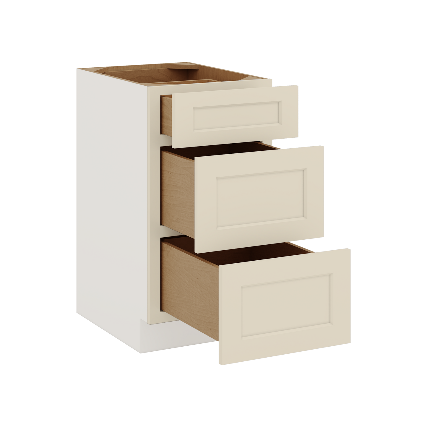 Three Drawer Base Cabinet 12", 15", 18", 21", 24", 27", 30", 33" & 36" Wide Manhattan Cream Shaker 1-1/4" Overlay