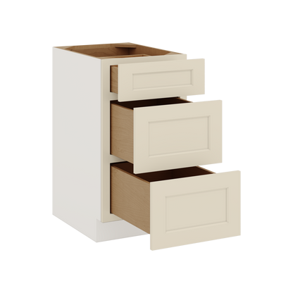 Three Drawer Base Cabinet 12", 15", 18", 21", 24", 27", 30", 33" & 36" Wide Manhattan Cream Shaker 1-1/4" Overlay