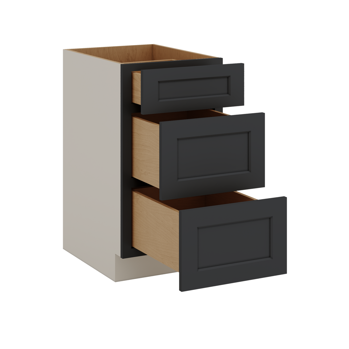 Three Drawer Base Cabinet 12", 15", 18", 21", 24", 30", 33" & 36" Wide 15HNS Hermosa Noir Black Shaker 1-1/4" Overlay