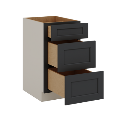 Three Drawer Base Cabinet 12", 15", 18", 21", 24", 30", 33" & 36" Wide 15HNS Hermosa Noir Black Shaker 1-1/4" Overlay