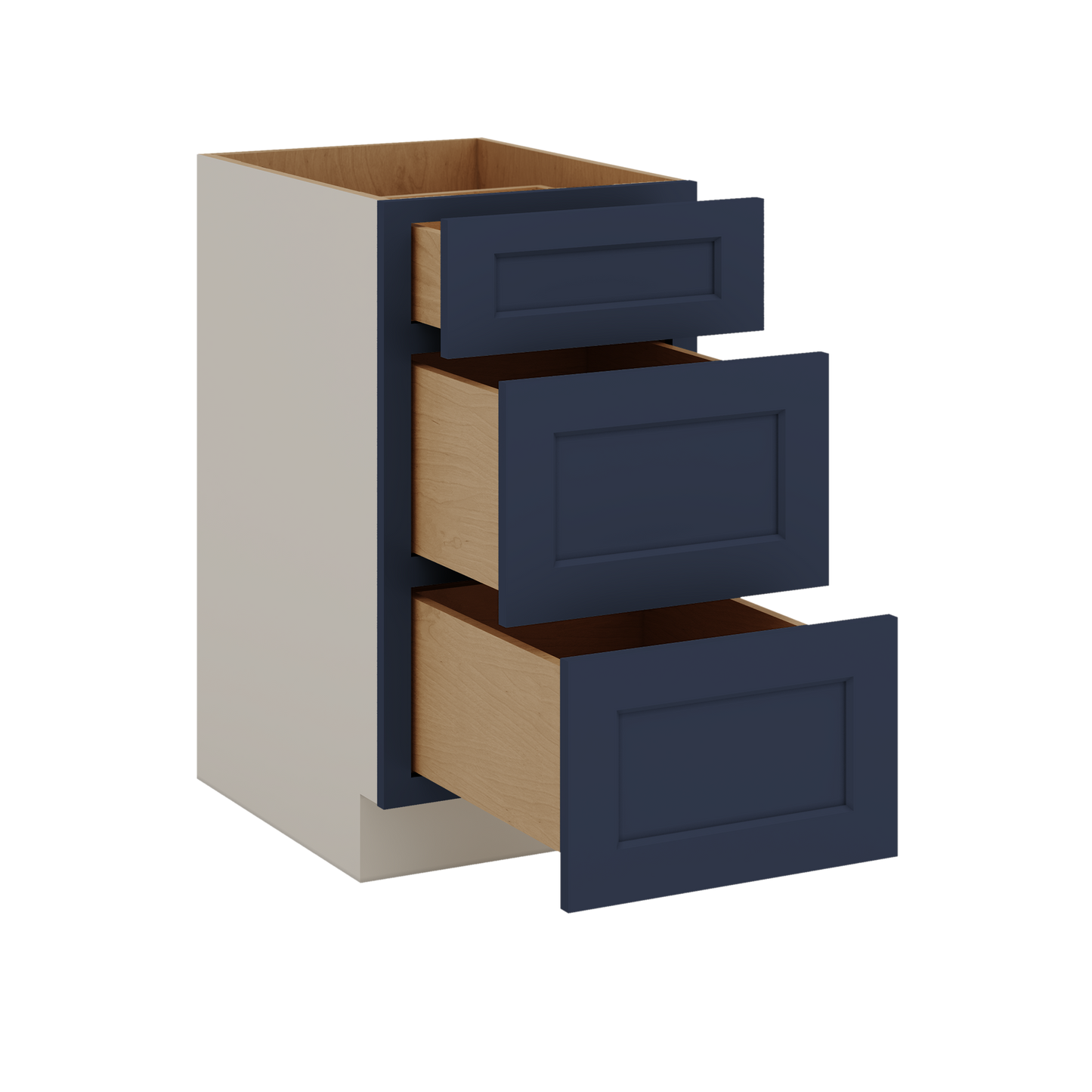 Three Drawer Base Cabinet 12", 15", 18", 21", 24", 30", 33" & 36" Wide NB29 Naval Blue Shaker 1-1/4" Overlay