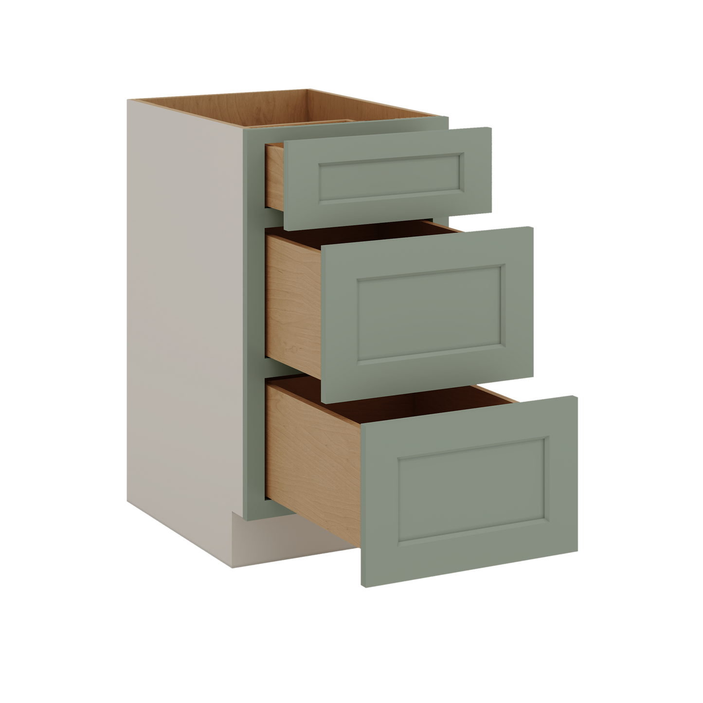 12", 15", 18", 21", 24", 30", 33" & 36" Wide 14SG Sage Green Shaker 1-1/4" Overlay 3 Drawer Base Cabinet