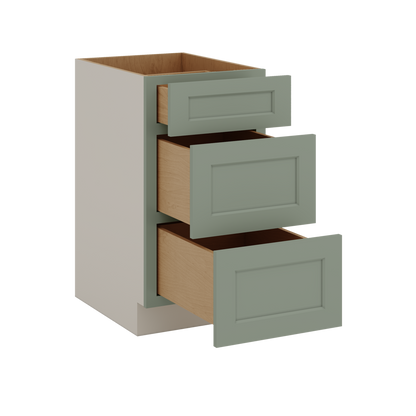 12", 15", 18", 21", 24", 30", 33" & 36" Wide 14SG Sage Green Shaker 1-1/4" Overlay 3 Drawer Base Cabinet