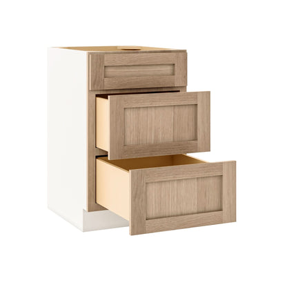 Natural Color 17ROS - Redondo White Oak Shaker 1-1/4" Overlay 3 Drawer Base Cabinet 12", 15", 18", 21", 24", 30", 33" & 36" Wide