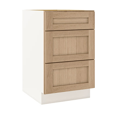 Natural Color White Oak Shaker 1-1/4" Overlay 3 Drawer Base Cabinet 12", 15", 18", 21", 24", 30", 33" & 36" Wide