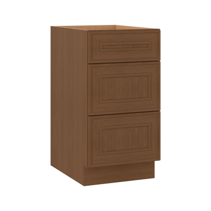 3 Drawer Base 12", 15", 18", 21", 24", 30" & 36" Wide Mocha Elegant Oak Craftsman Shaker 1-1/4" Overlay Base Cabinet