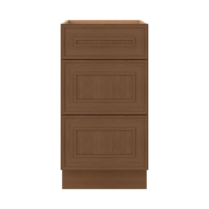 3 Drawer Base 12", 15", 18", 21", 24", 30" & 36" Wide Mocha Elegant Oak Craftsman Shaker 1-1/4" Overlay Base Cabinet