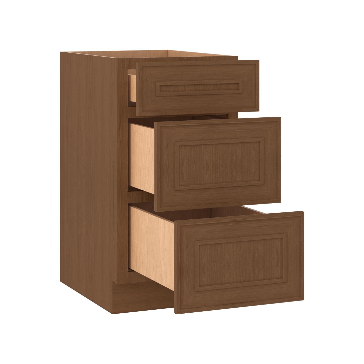 3 Drawer Base 12", 15", 18", 21", 24", 30" & 36" Wide Mocha Elegant Oak Craftsman Shaker 1-1/4" Overlay Base Cabinet