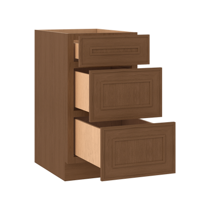 3 Drawer Base 12", 15", 18", 21", 24", 30" & 36" Wide Mocha Elegant Oak Craftsman Shaker 1-1/4" Overlay Base Cabinet